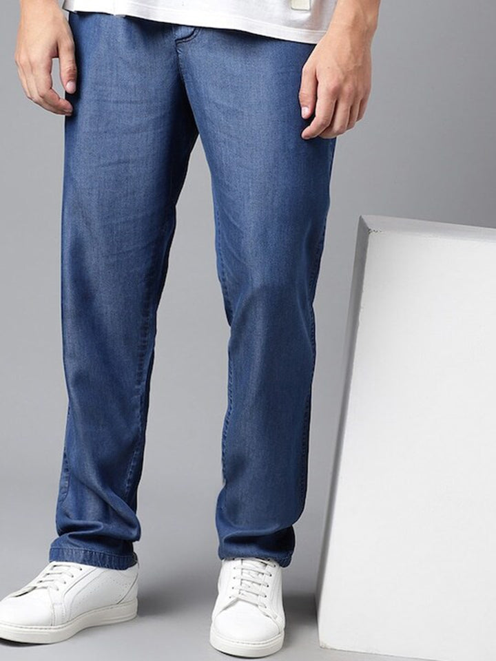 Men Light Blue Solid Cotton Regular Fit Casual Trouser