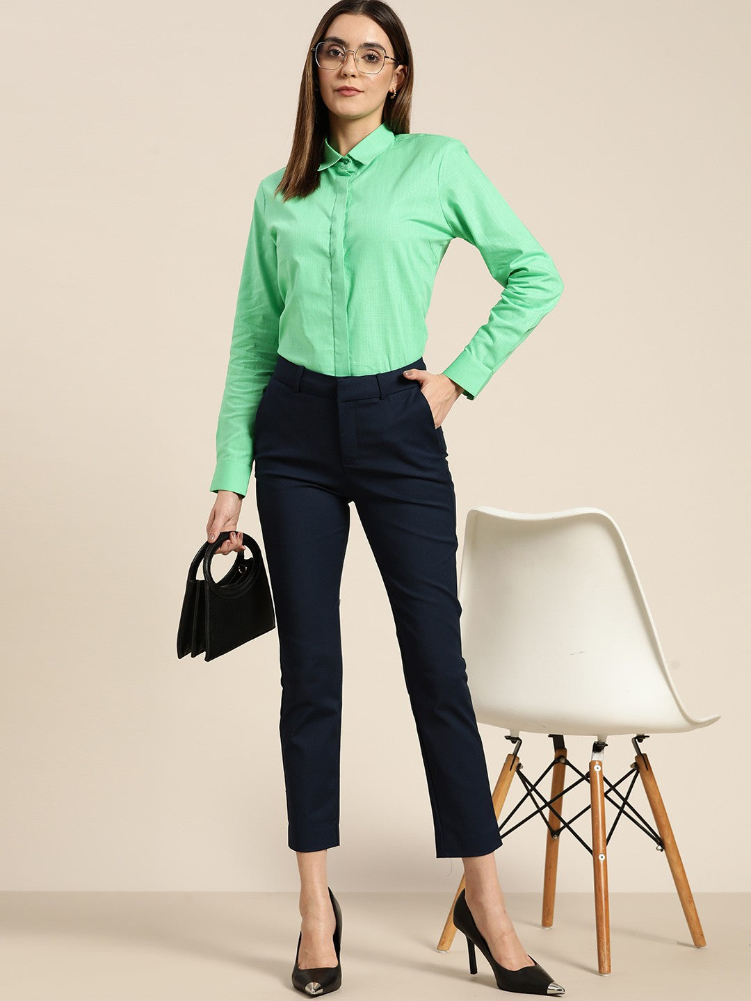 Women Green Solid Pure Cotton Formal Shirt