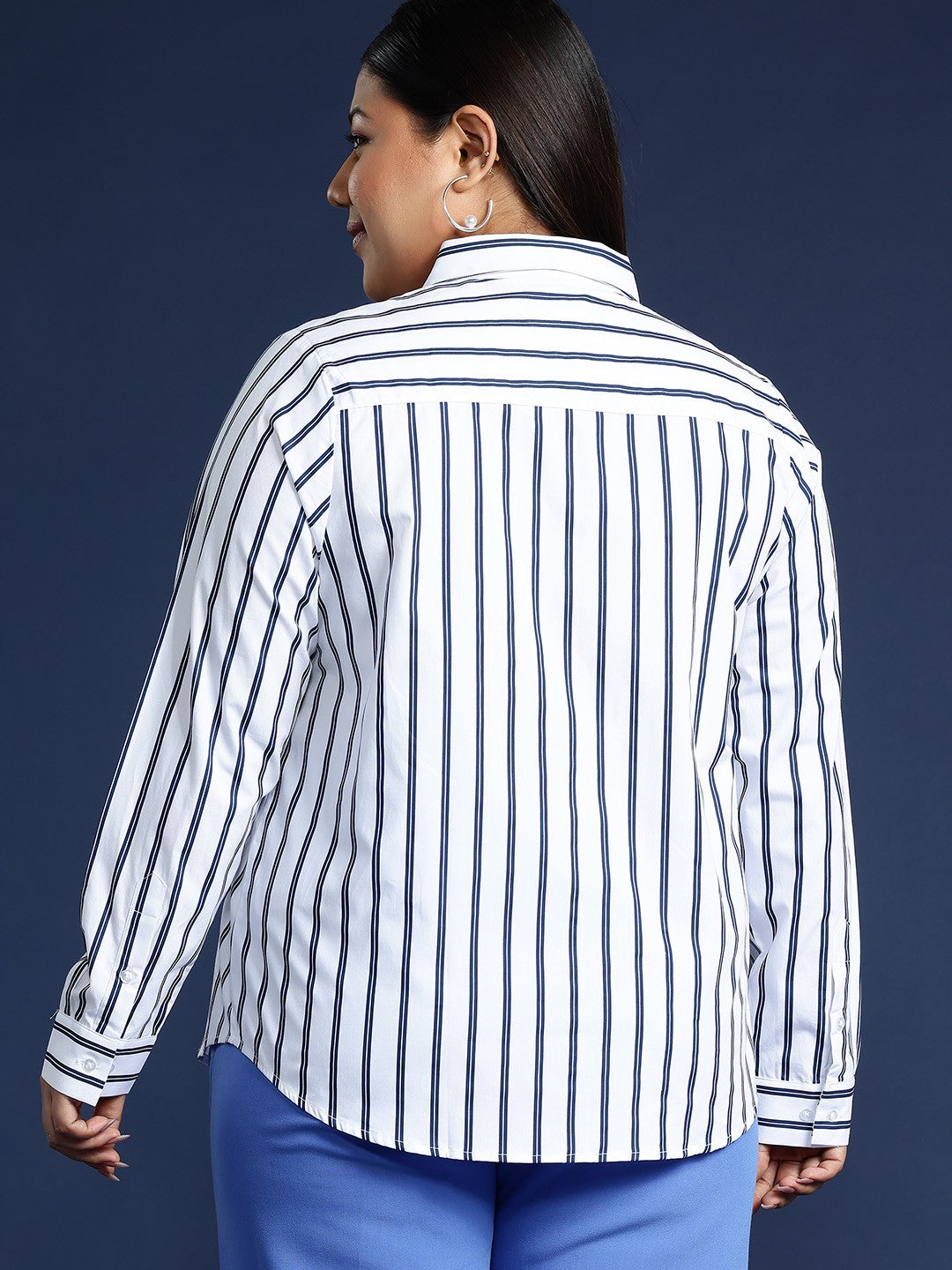 Women White & Navy Blue Nautical Stripes Pure Cotton Plus Size Formal Shirt