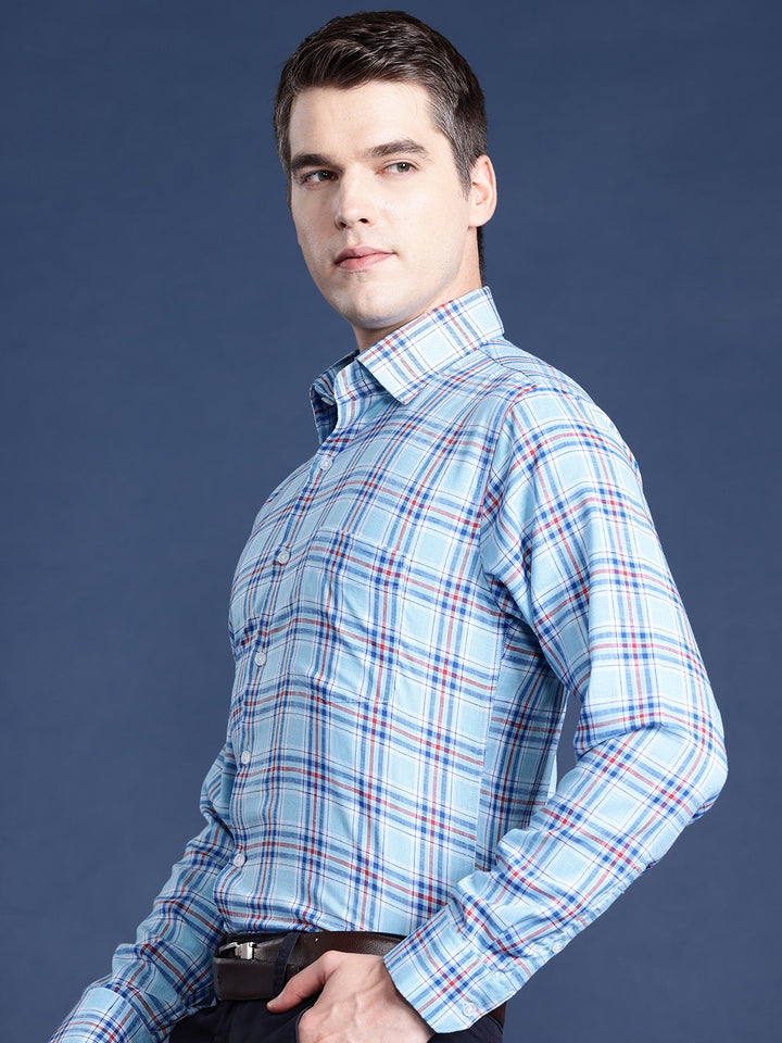 Men Blue Checked Pure Cotton Slim Fit Formal Shirt