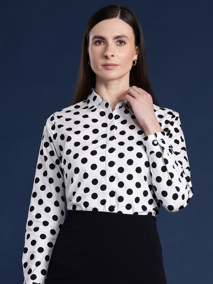 Women White Polka Dot Print Pure Cotton Formal Shirt