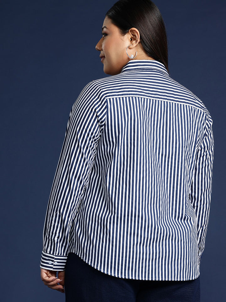 Women White & Navy Blue Nautical Stripes Pure Cotton Plus Size Formal Shirt