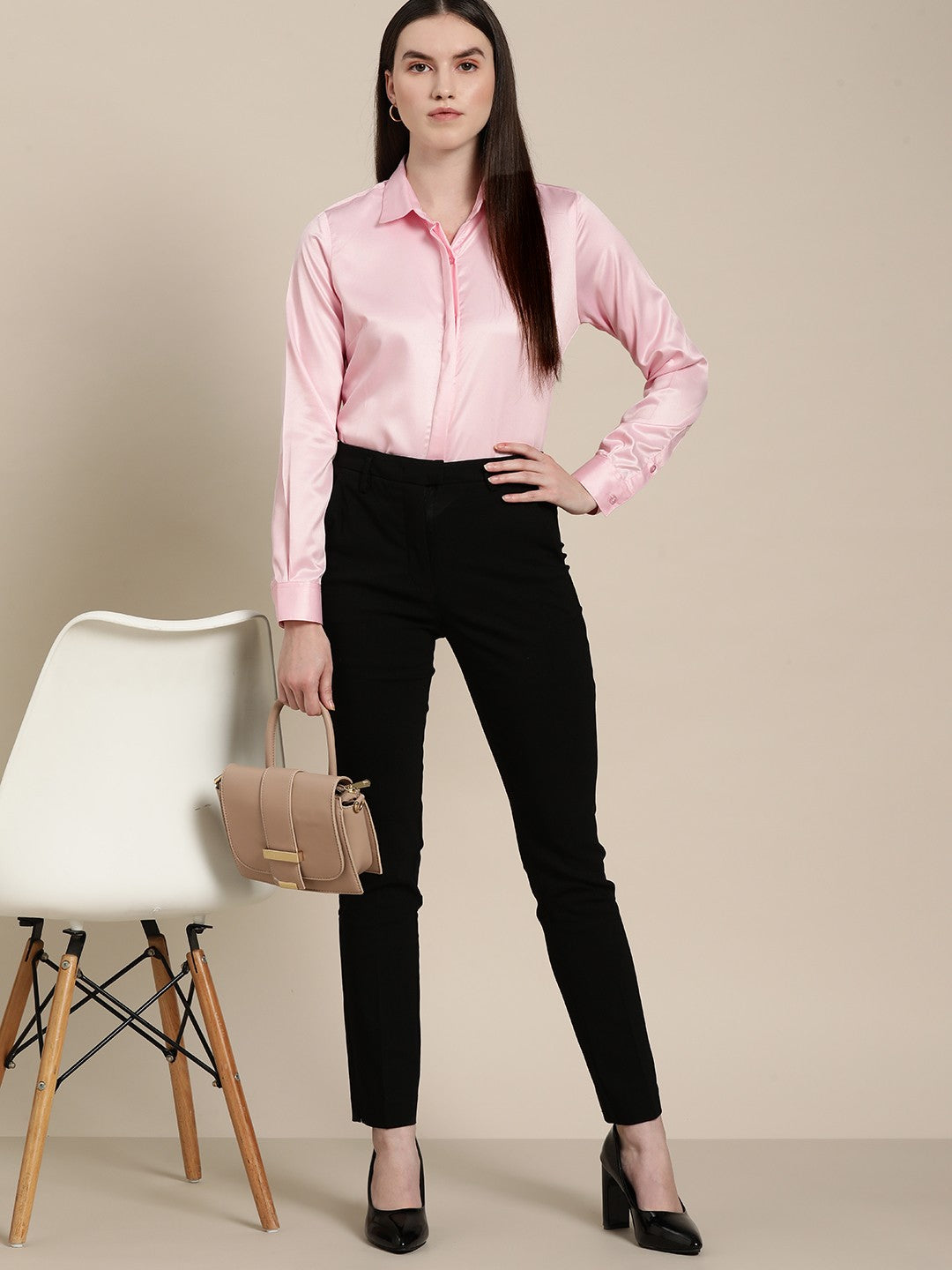 Women Pink Solid Satin Formal Shirt