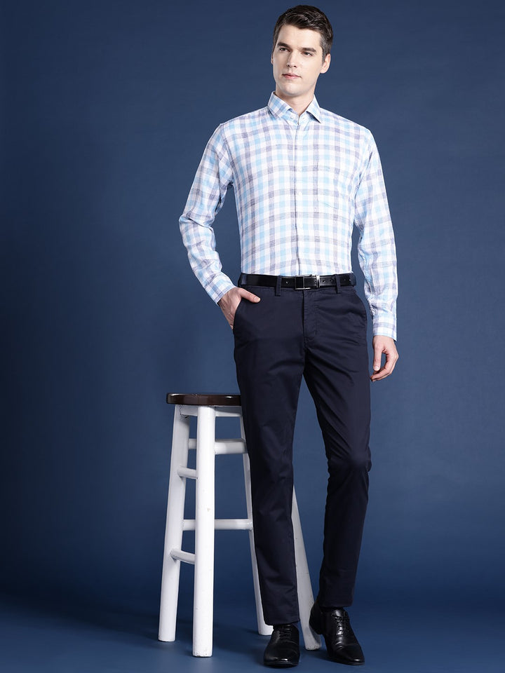 Men White & Blue Checked Pure Linen Cotton Slim Fit Formal Shirt