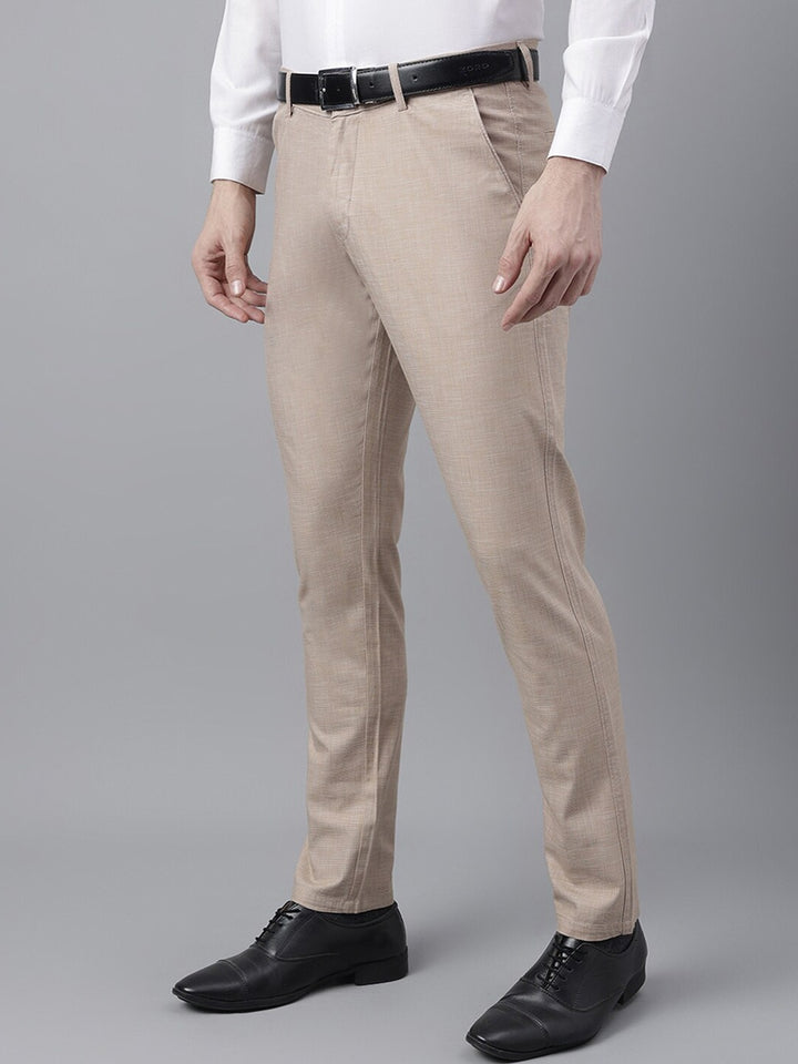 Men Beige Solid Cotton Elastane Slim Fit Formal Trouser