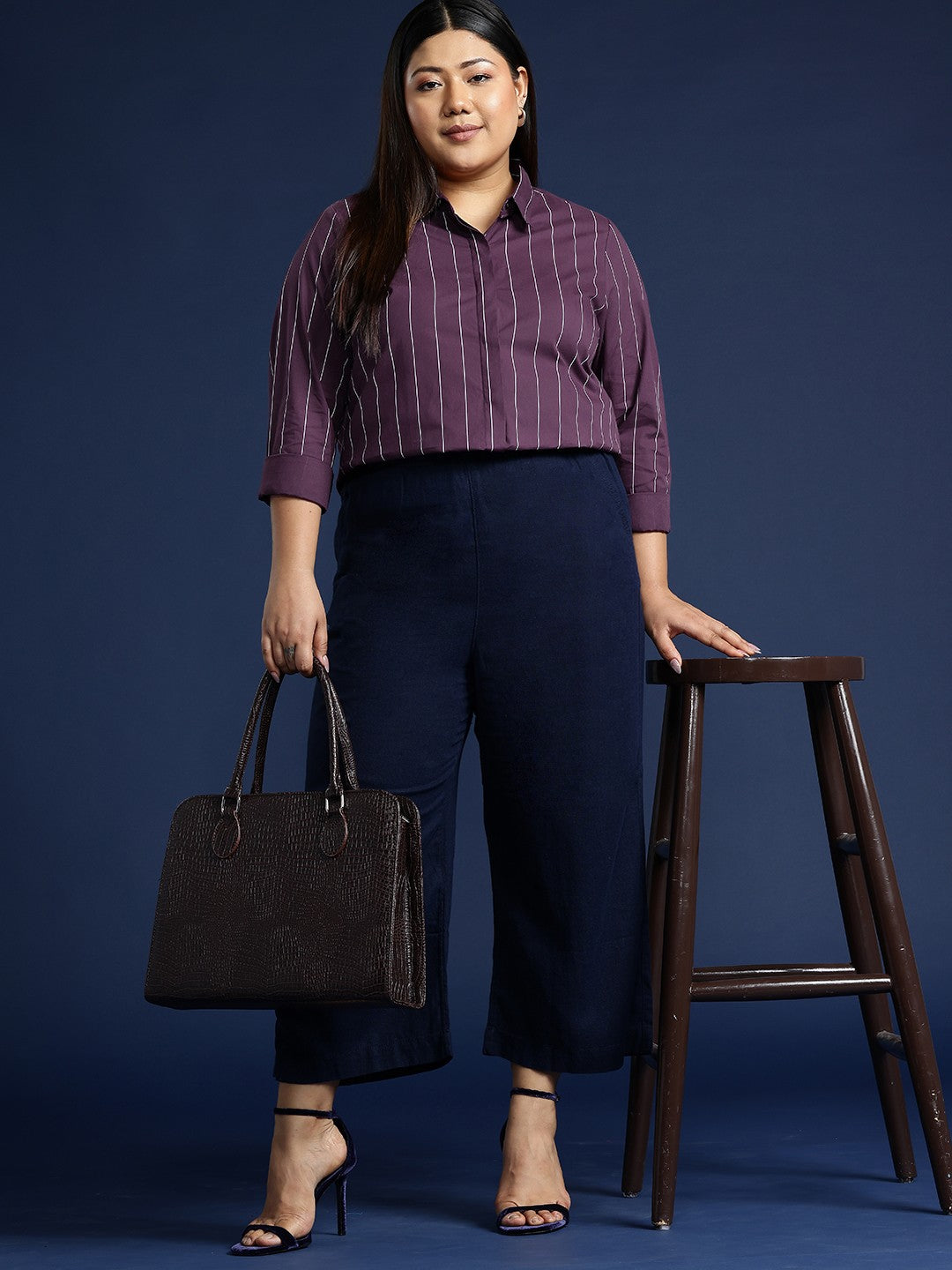 Women Wine Stripes Pure Cotton Plus Size Formal Shirt