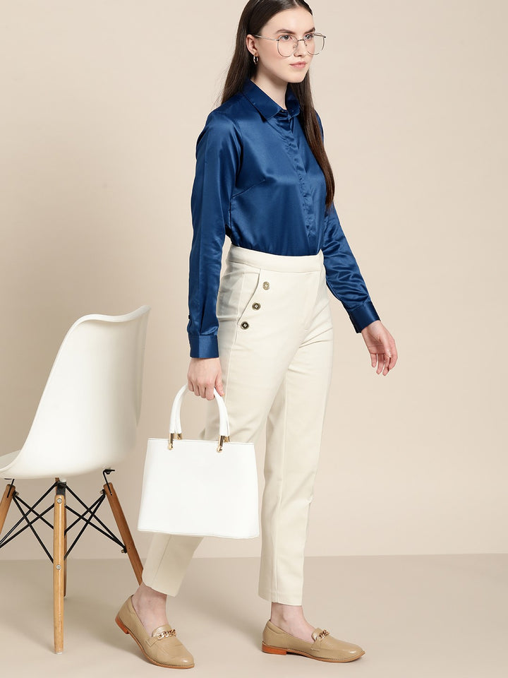 Women Blue Solid Satin Formal Shirt