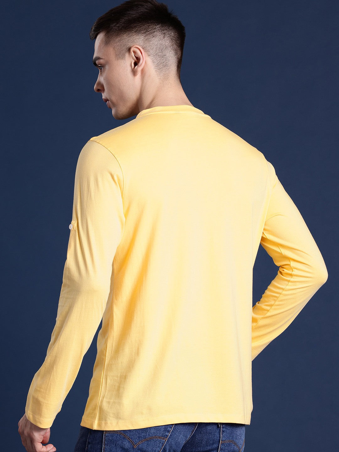 Men Yellow Solid Pure Cotton Relaxed Fit Henley T-Shirt