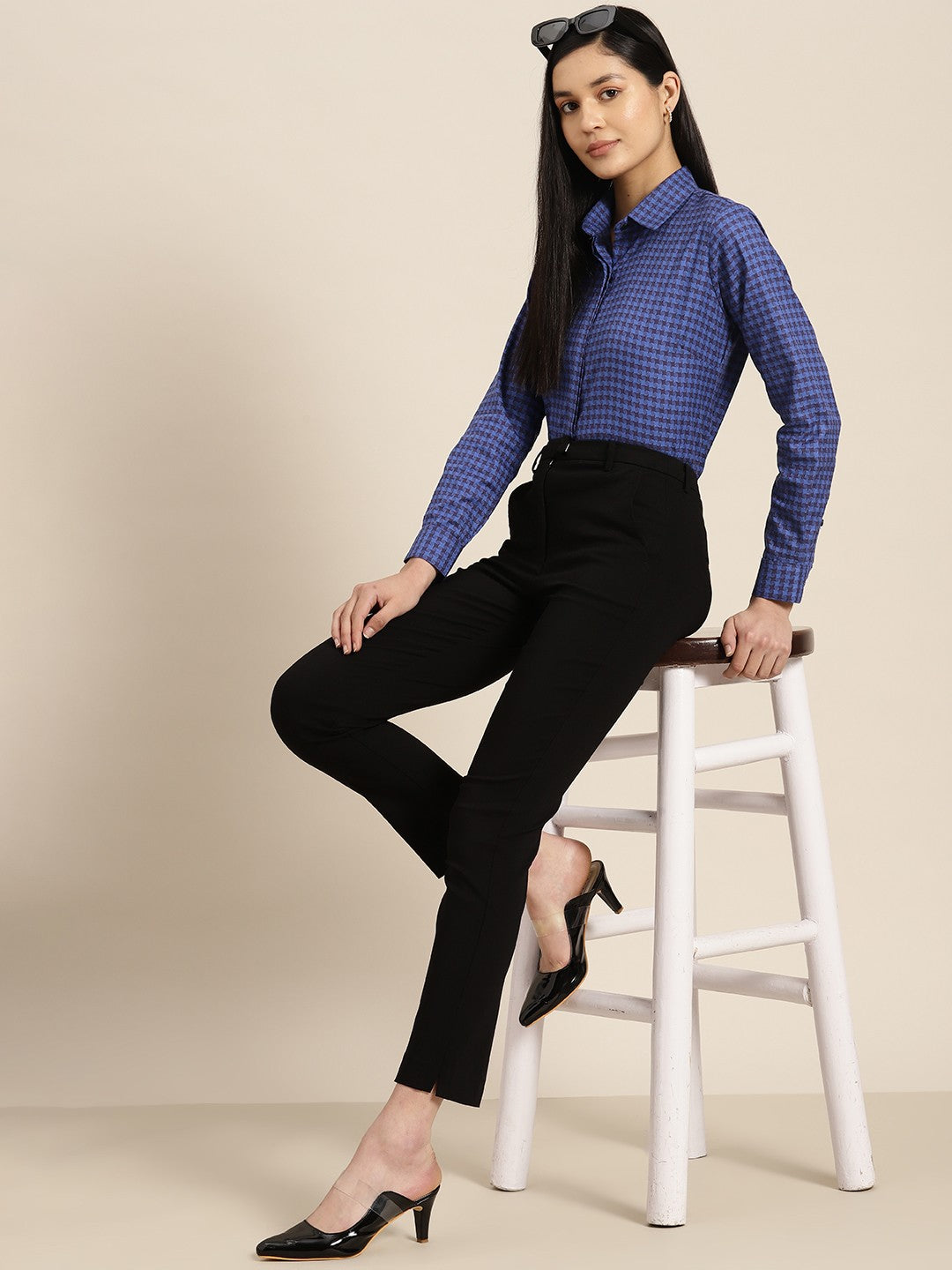 Women Blue Checks Pure Cotton Formal Shirt