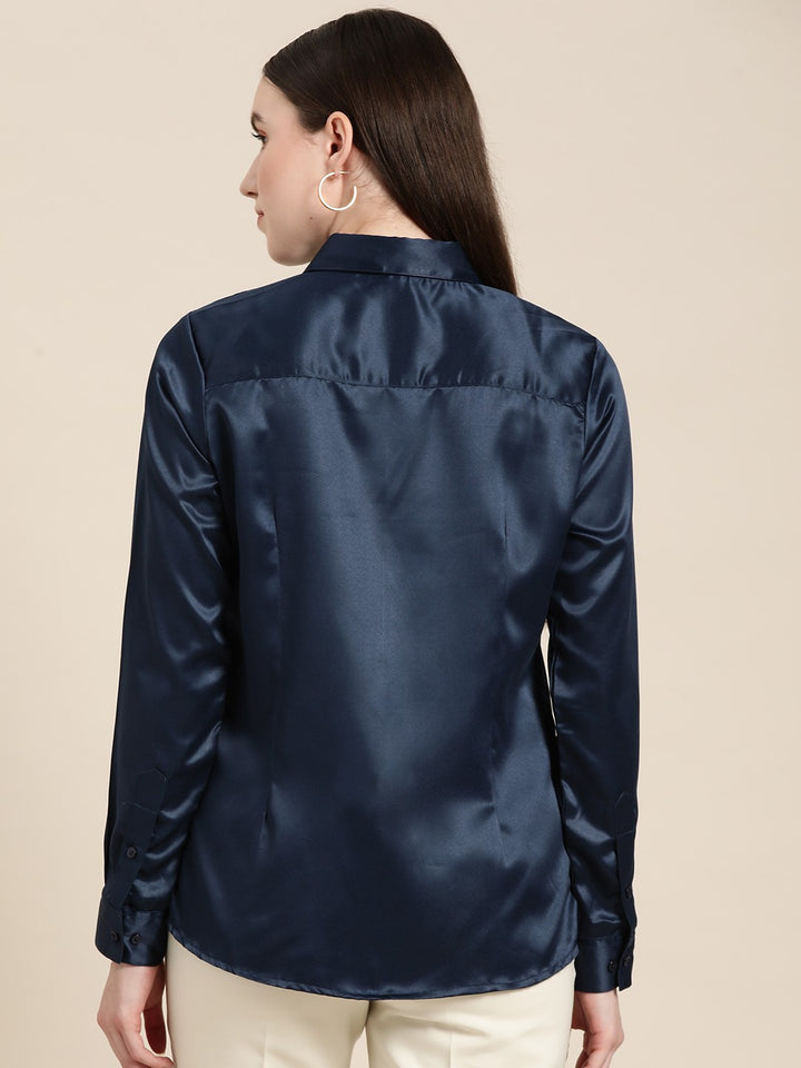 Women Navy Blue Solid Satin Formal Shirt