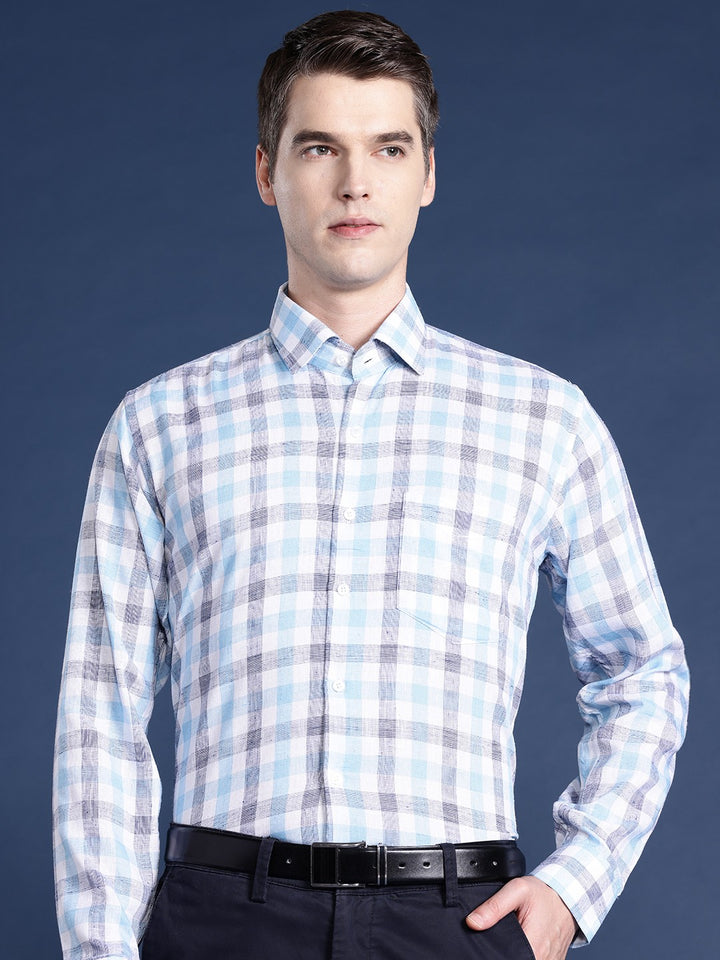 Men White & Blue Checked Pure Linen Cotton Slim Fit Formal Shirt