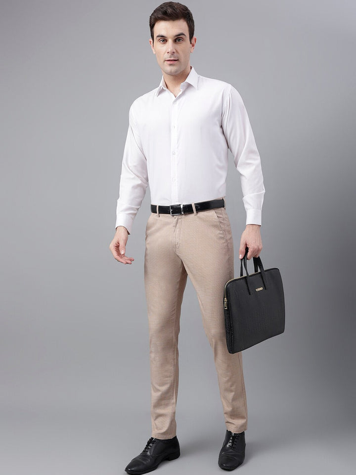 Men Beige Solid Cotton Elastane Slim Fit Formal Trouser