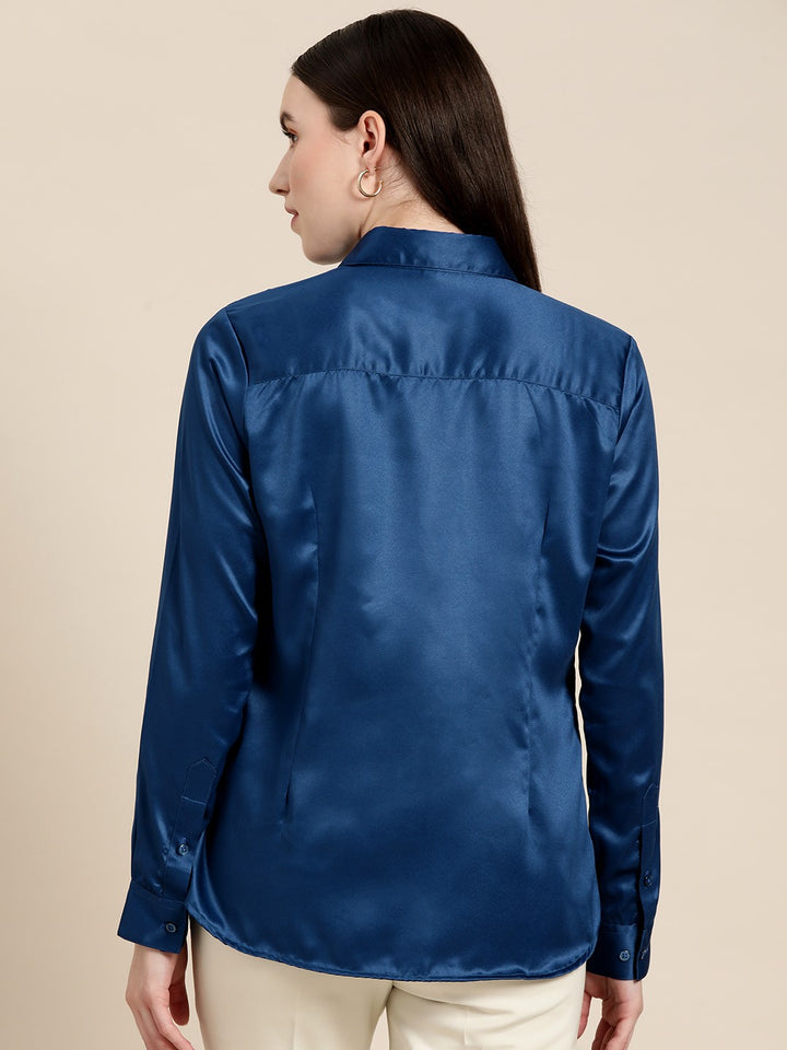 Women Blue Solid Satin Formal Shirt