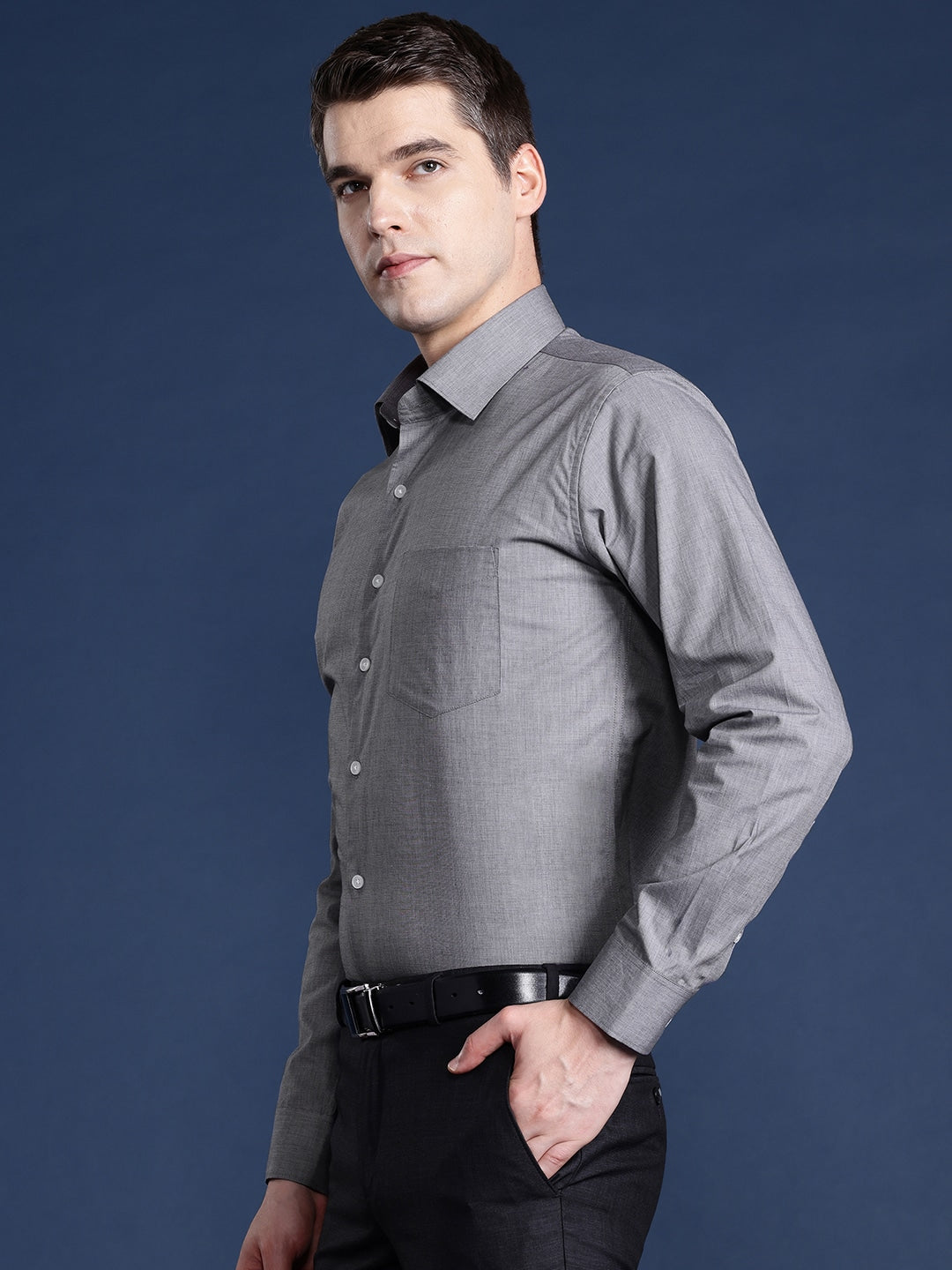 Men Grey Solid Pure Cotton Slim Fit Formal Shirt