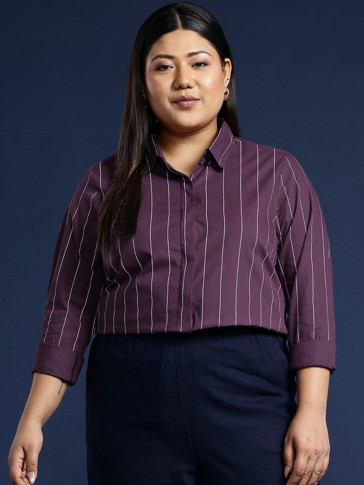 Women Wine Stripes Pure Cotton Plus Size Formal Shirt