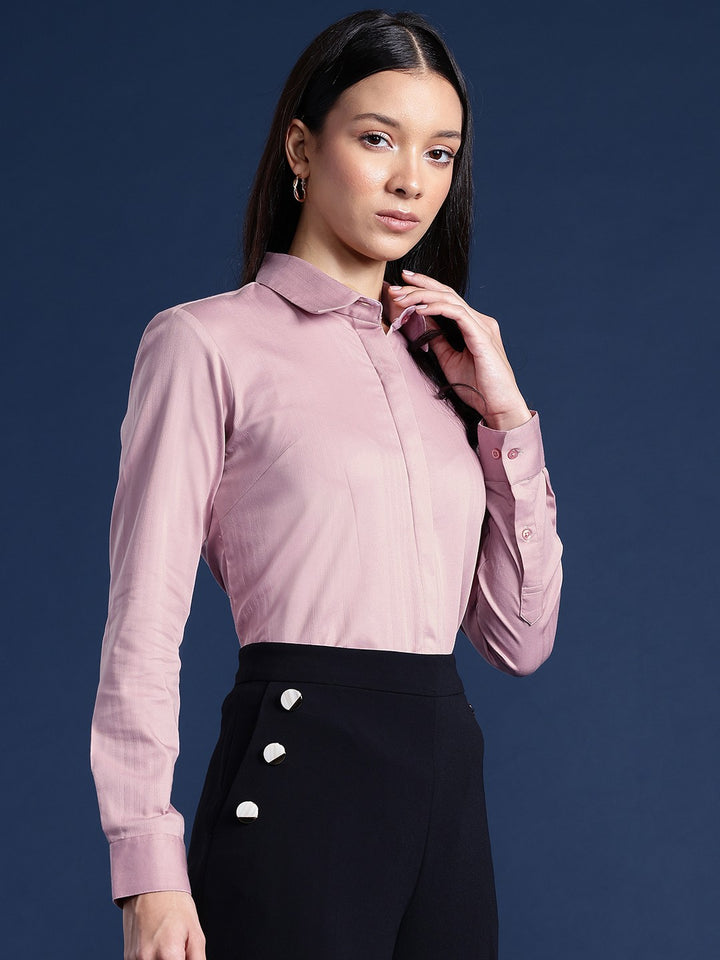 Women Mauve Solid Self Design, Pure Cotton Stretchable Wrinkle Free Formal Shirt