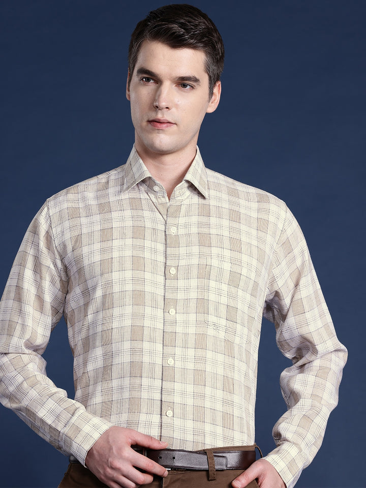 Men Beige Checked Pure Linen Cotton Slim Fit Formal Shirt