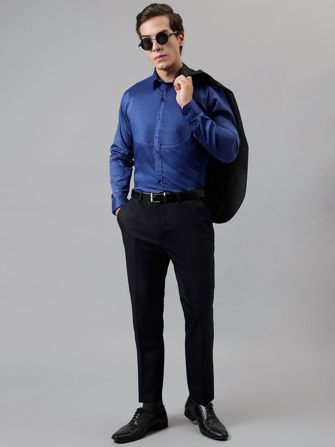 Men Navy Solid Cotton Satin Slim Fit Formal Shirt