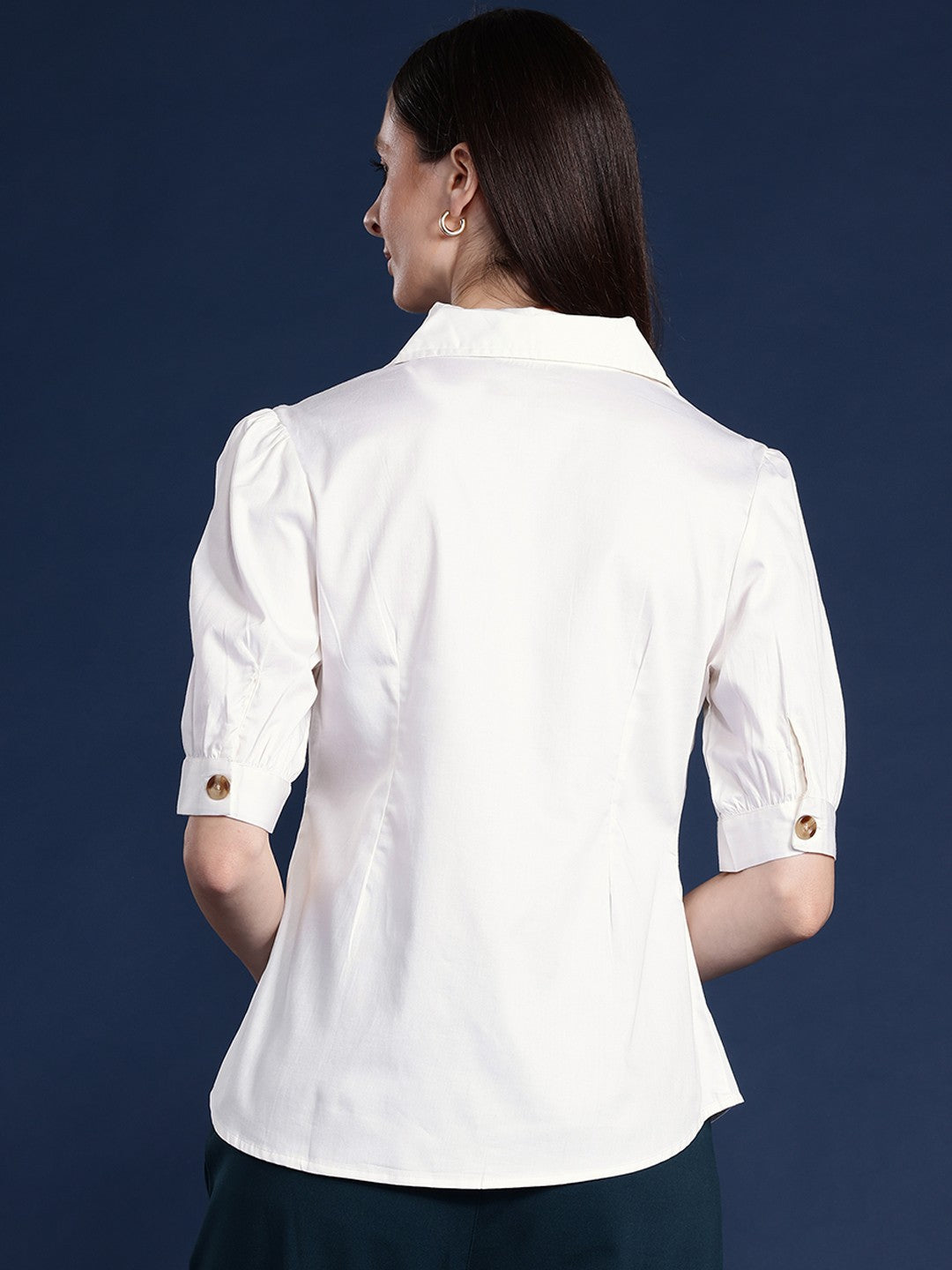 Women Cream Solid Pure Cotton Satin Pleated Formal Shirt