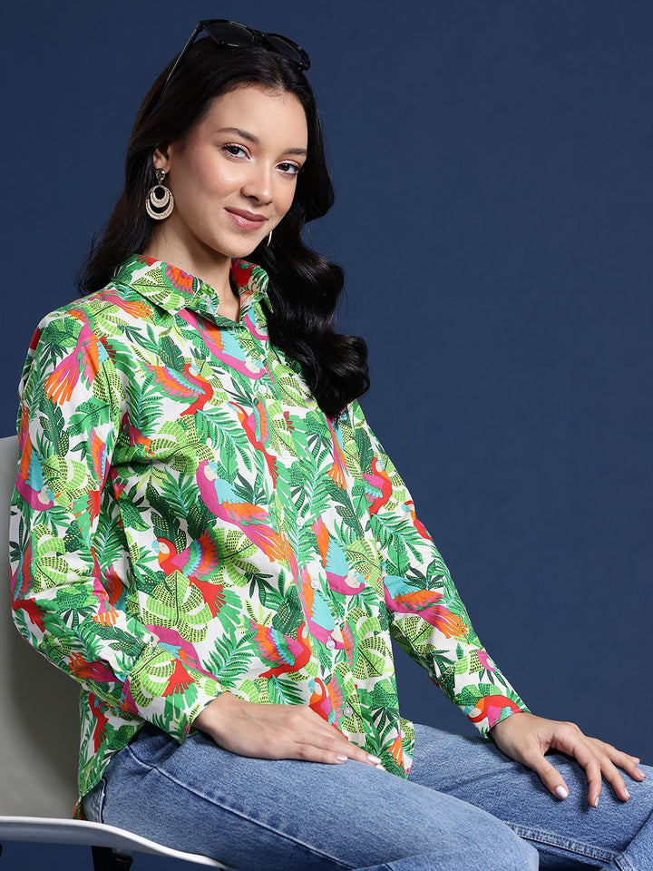 Women Beige & Green Floral Print Pure Cotton Boyfriend Fit Casual Shirt