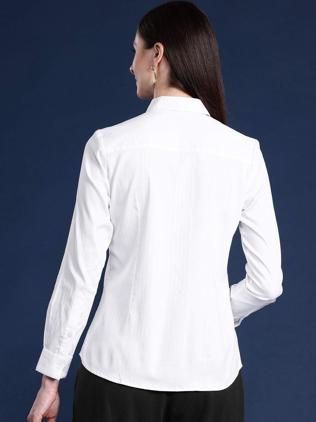 Women White Solid Self Design, Pure Cotton Stretchable Wrinkle Free Formal Shirt