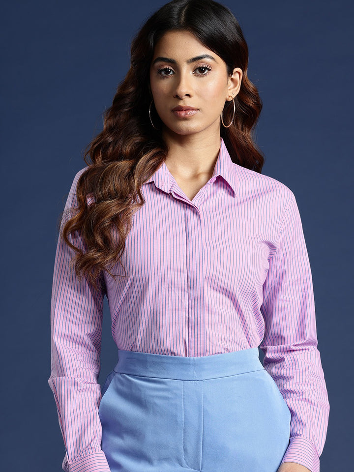 Women Pink Stripes Pure Cotton Formal Shirt