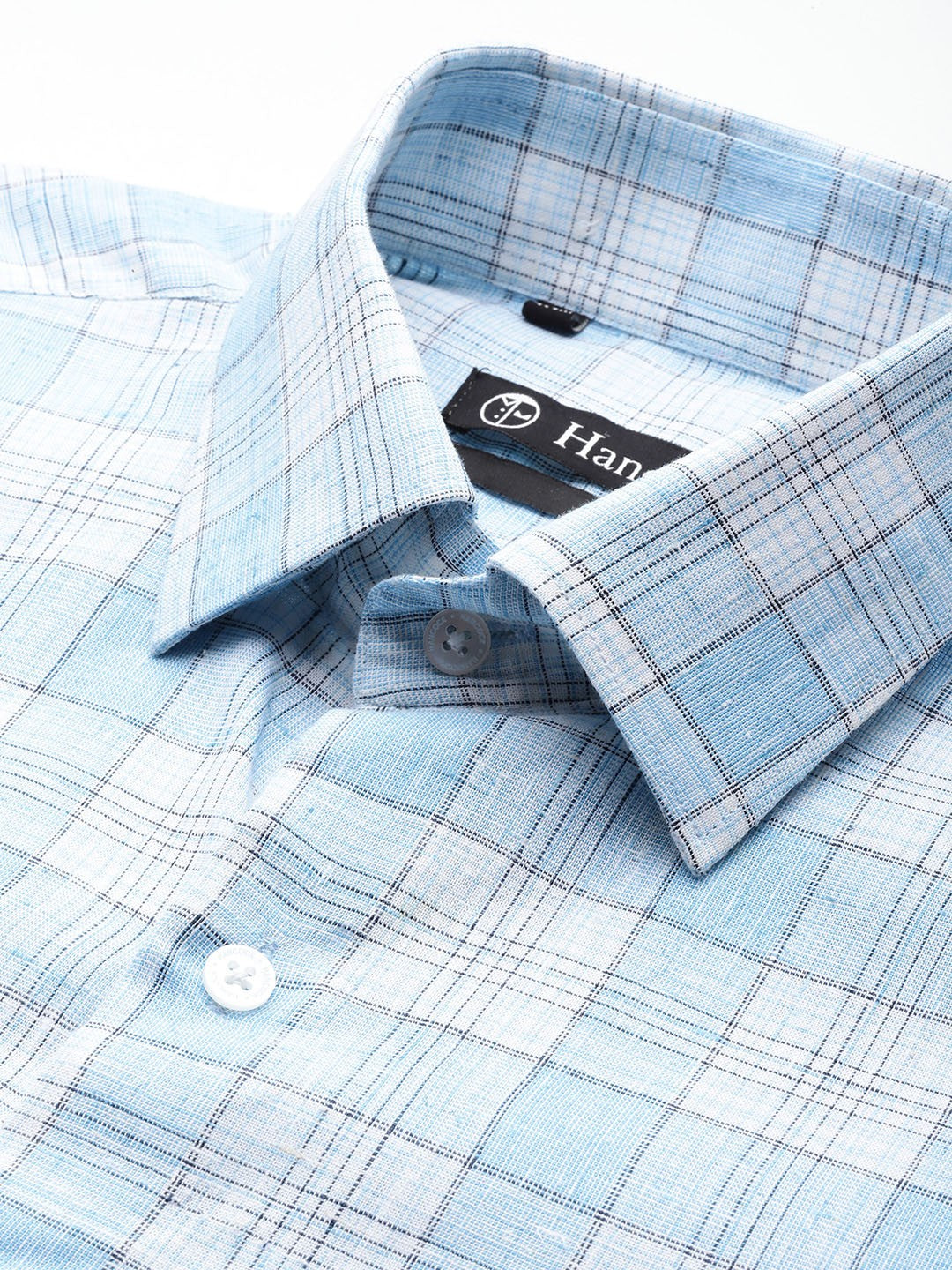 Men Blue Checked Pure Linen Cotton Slim Fit Formal Shirt