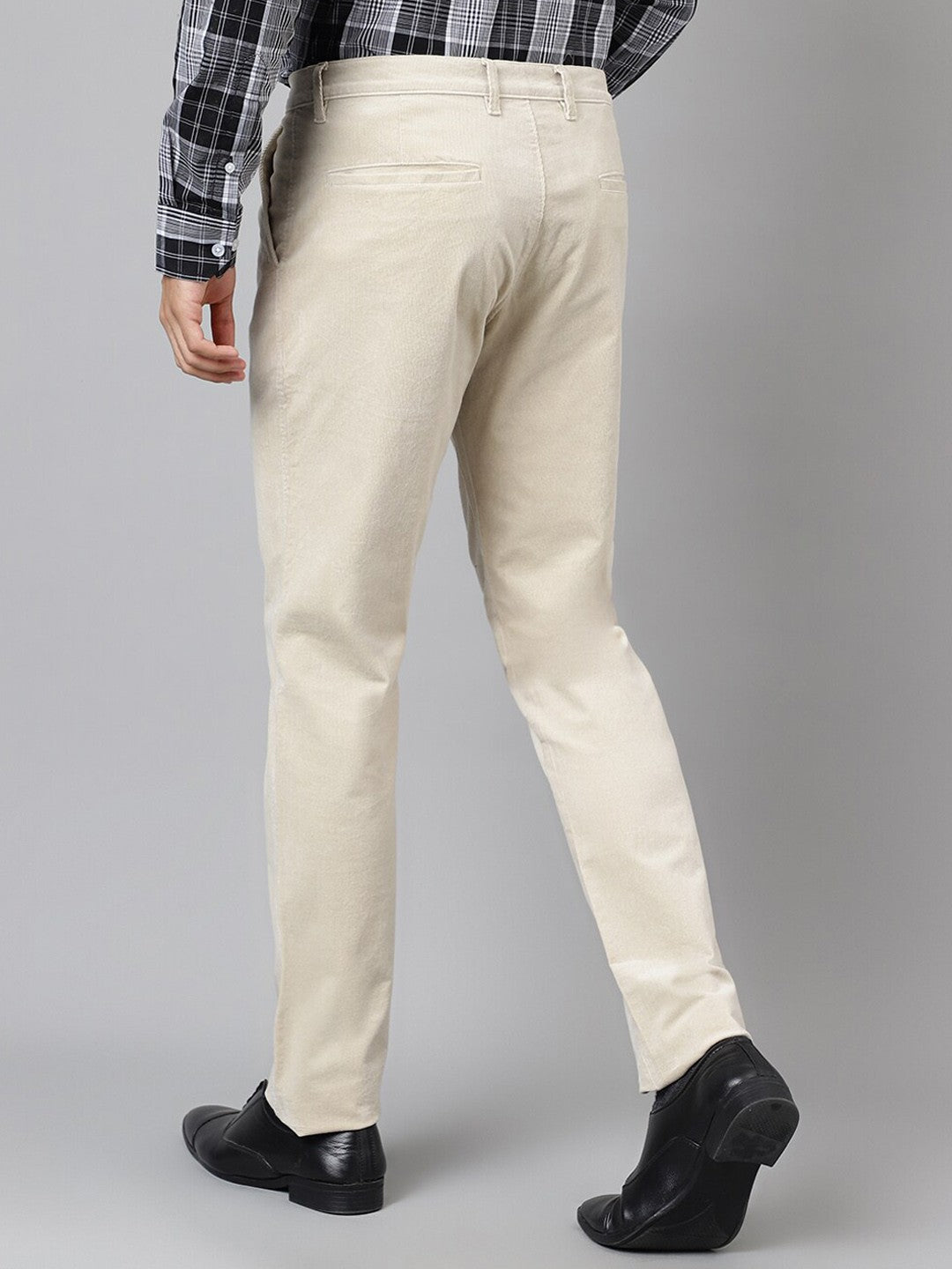 Men Beige Solid Corduroy Cotton Elastane Stretchable Slim Fit Formal Trouser