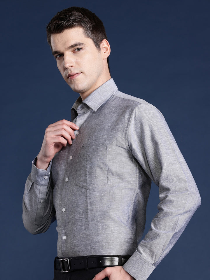 Men Grey Solid Pure Linen Slim Fit Formal Shirt