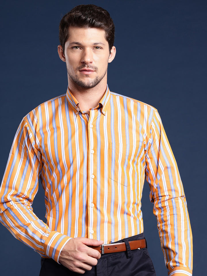 Men Yellow Striped Pure Cotton Slim Fit Formal Shirt