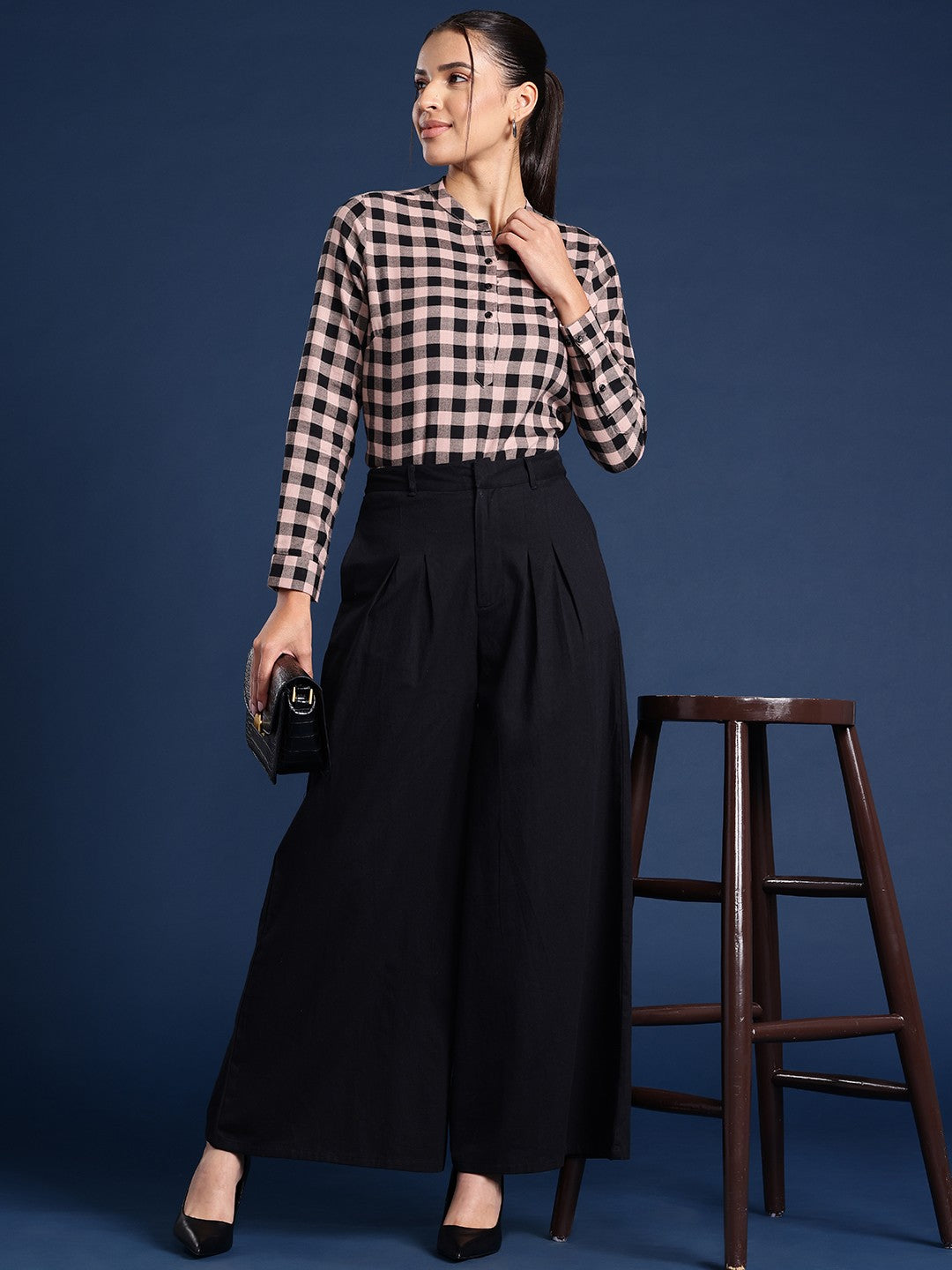 Women Black Twill Checks Pure Cotton Regular Fit Formal Top