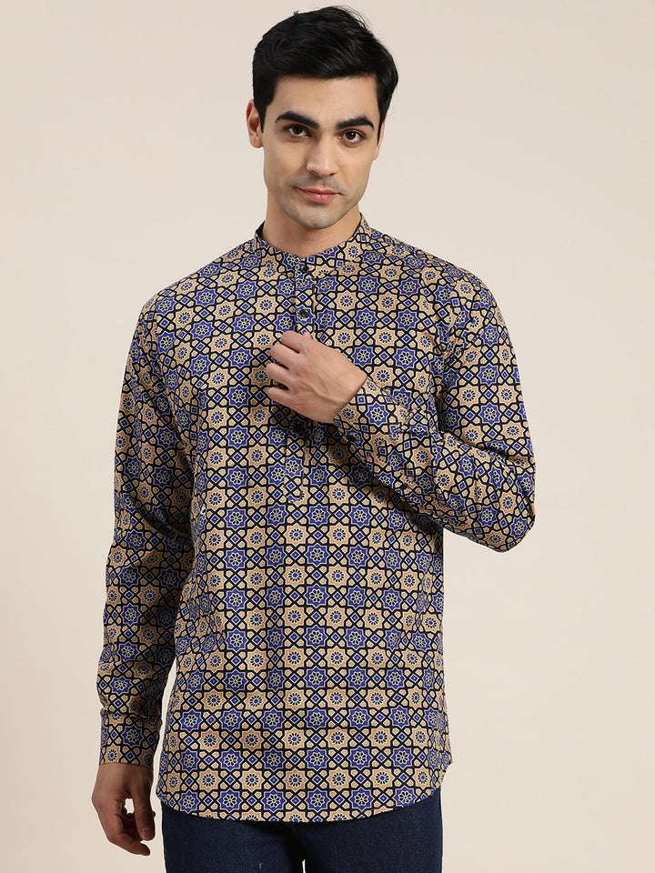 Men Blue & Beige Floral Pinted Pure Cotton Regular Fit Casual Kurta