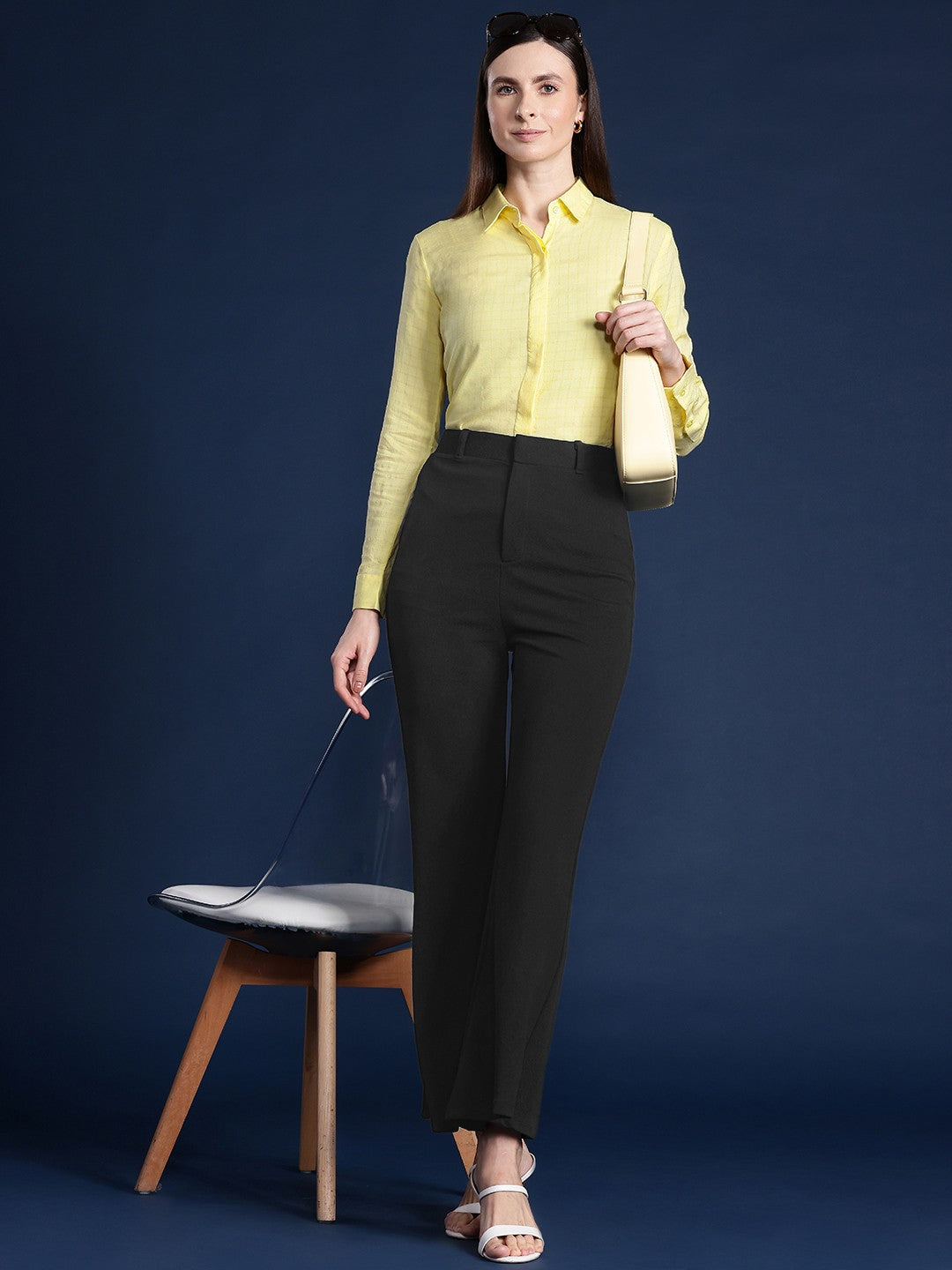 Women Yellow Solid Viscose Rayon Formal Shirt