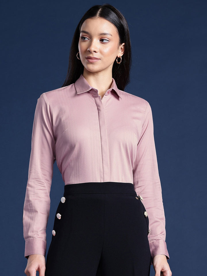 Women Mauve Solid Self Design, Pure Cotton Stretchable Wrinkle Free Formal Shirt