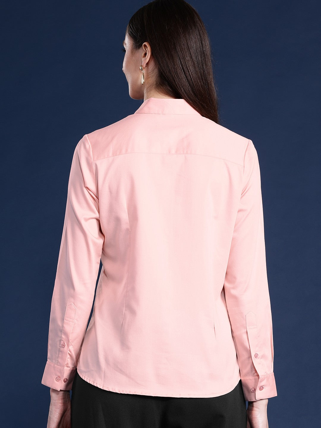 Women Peach Solid Cotton Satin Stretchable Wrinkle Free Formal Shirt