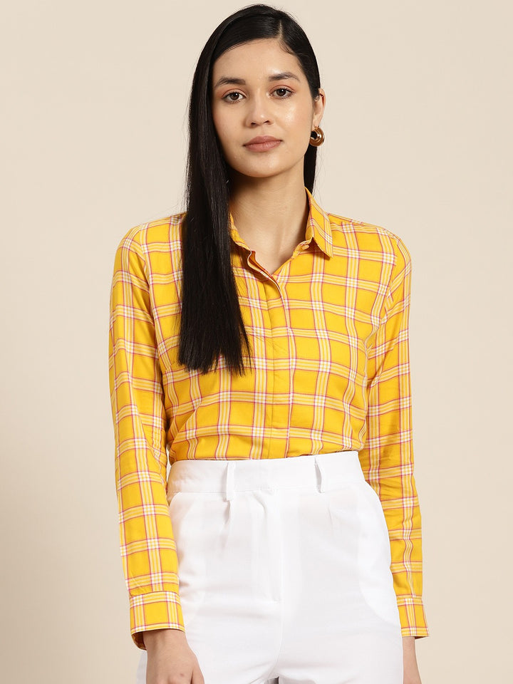 Women Yellow Checks Pure Cotton Formal Shirt