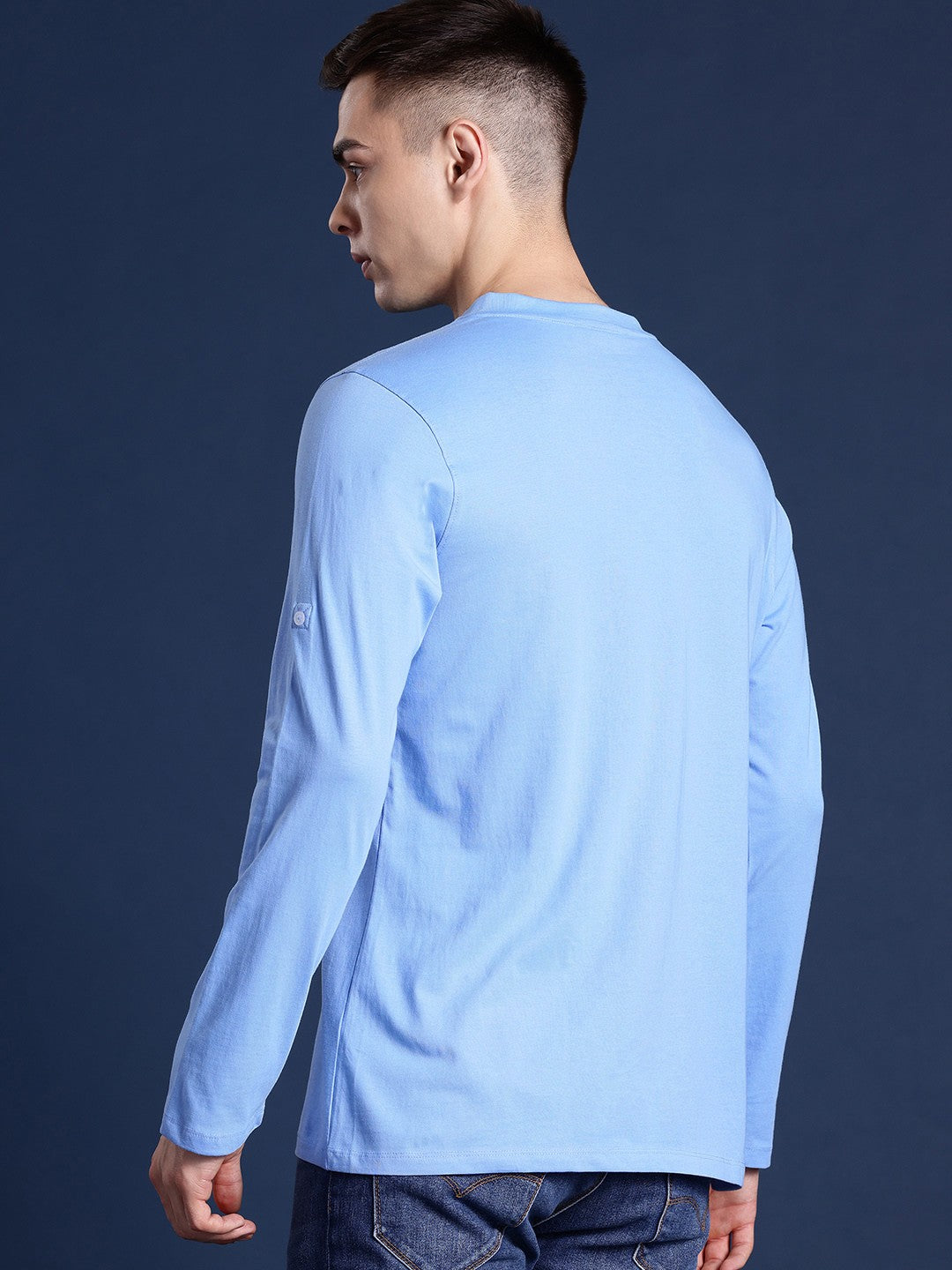 Men Blue Solid Pure Cotton Relaxed Fit Henley T-Shirt