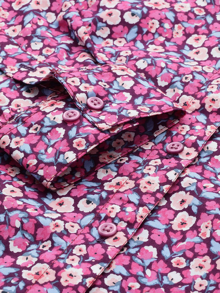 Women Burgundy Floral Pure Cotton Formal Shirt