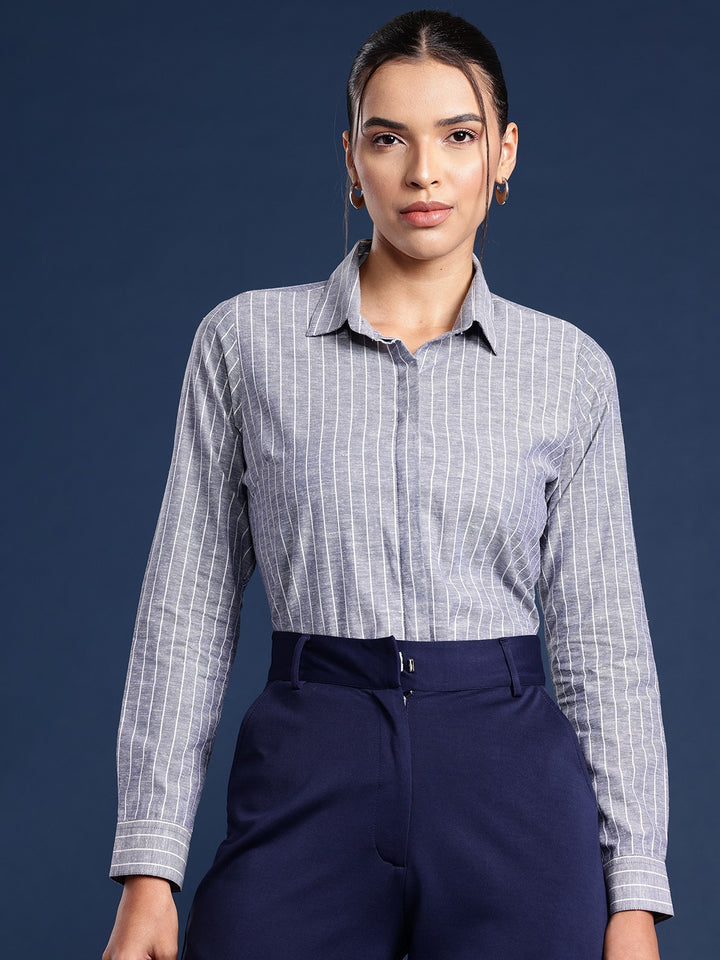 Women Blue Stripes Pure Cotton Formal Shirt