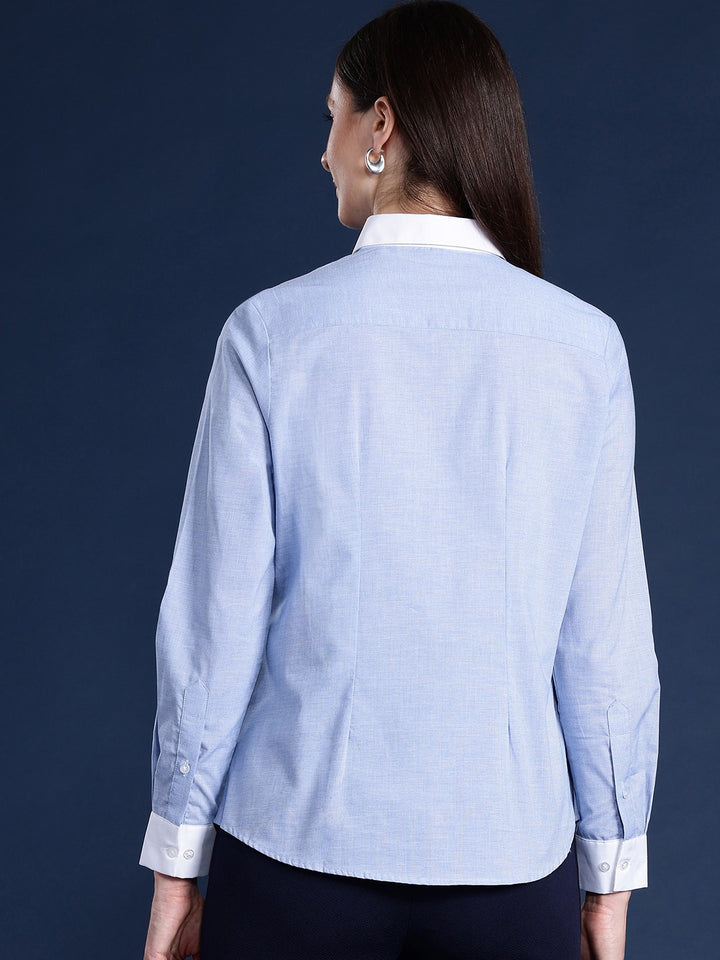 Women Blue Solid Chambray Pure Cotton Formal Shirt