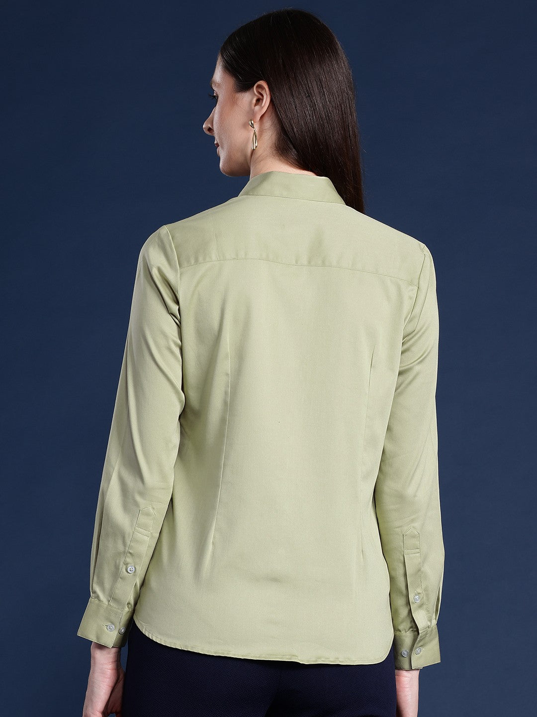 Women Green Solid Cotton Satin Stretchable Wrinkle Free Formal Shirt