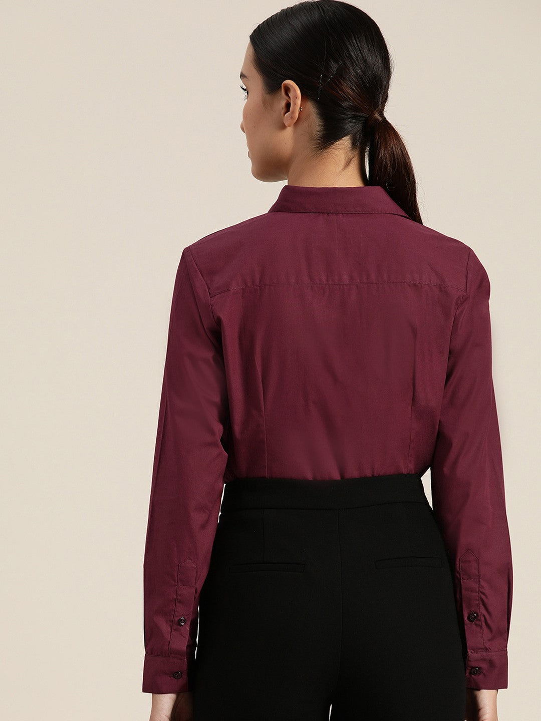 Women Wine Solid Pure Cotton Plus Size Formal Shirt