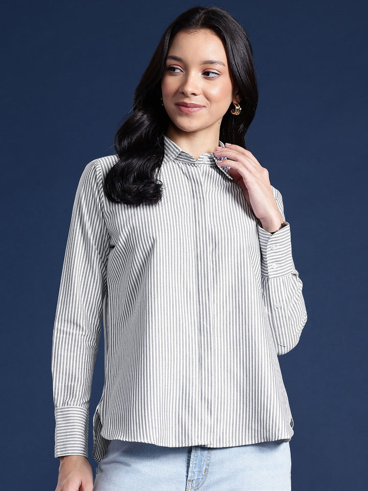 Women White & Grey Stripes Pure Cotton Boyfriend Fit Formal Shirt