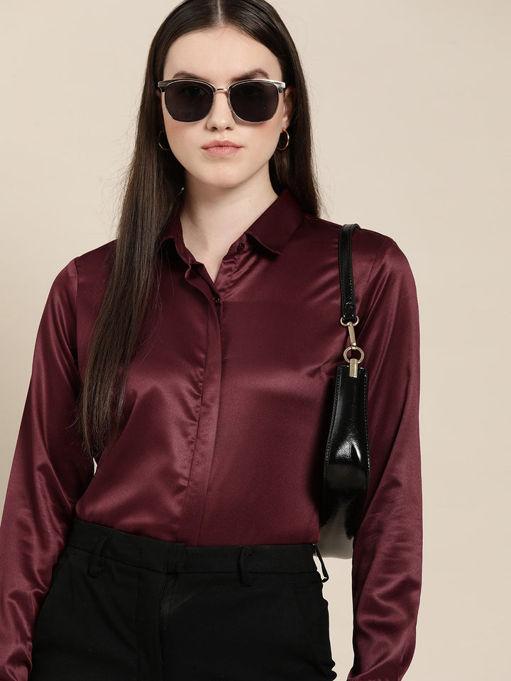 Women Maroon Solid Satin Formal Shirt