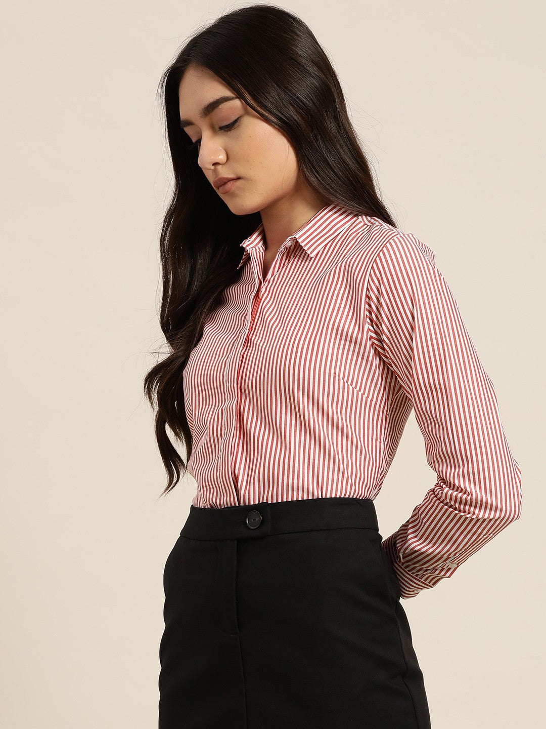 Women White Pin Stripes Pure Cotton Plus Size Formal Shirt