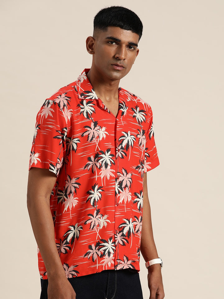 Men Red Floral Print Viscose Rayon Relaxed Fit Casual Shirt