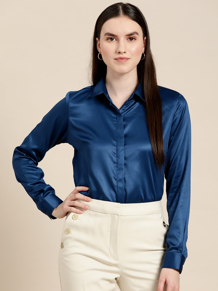 Women Blue Solid Satin Formal Shirt