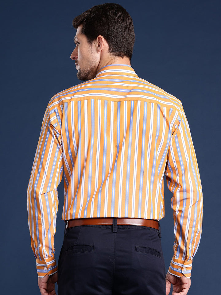 Men Yellow Striped Pure Cotton Slim Fit Formal Shirt