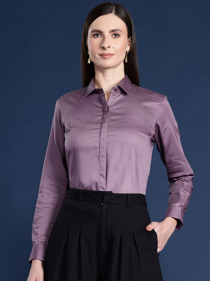 Women Purple Solid Cotton Satin Stretchable Wrinkle Free Formal Shirt