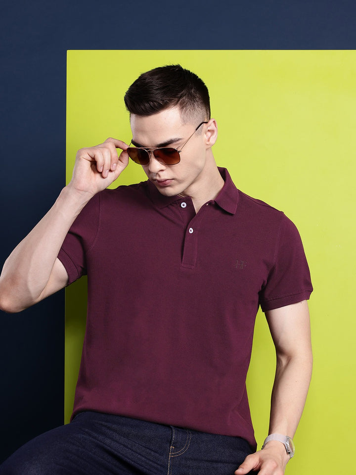 Men Burgundy Solid Pure Cotton Relaxed Fit T-Shirt